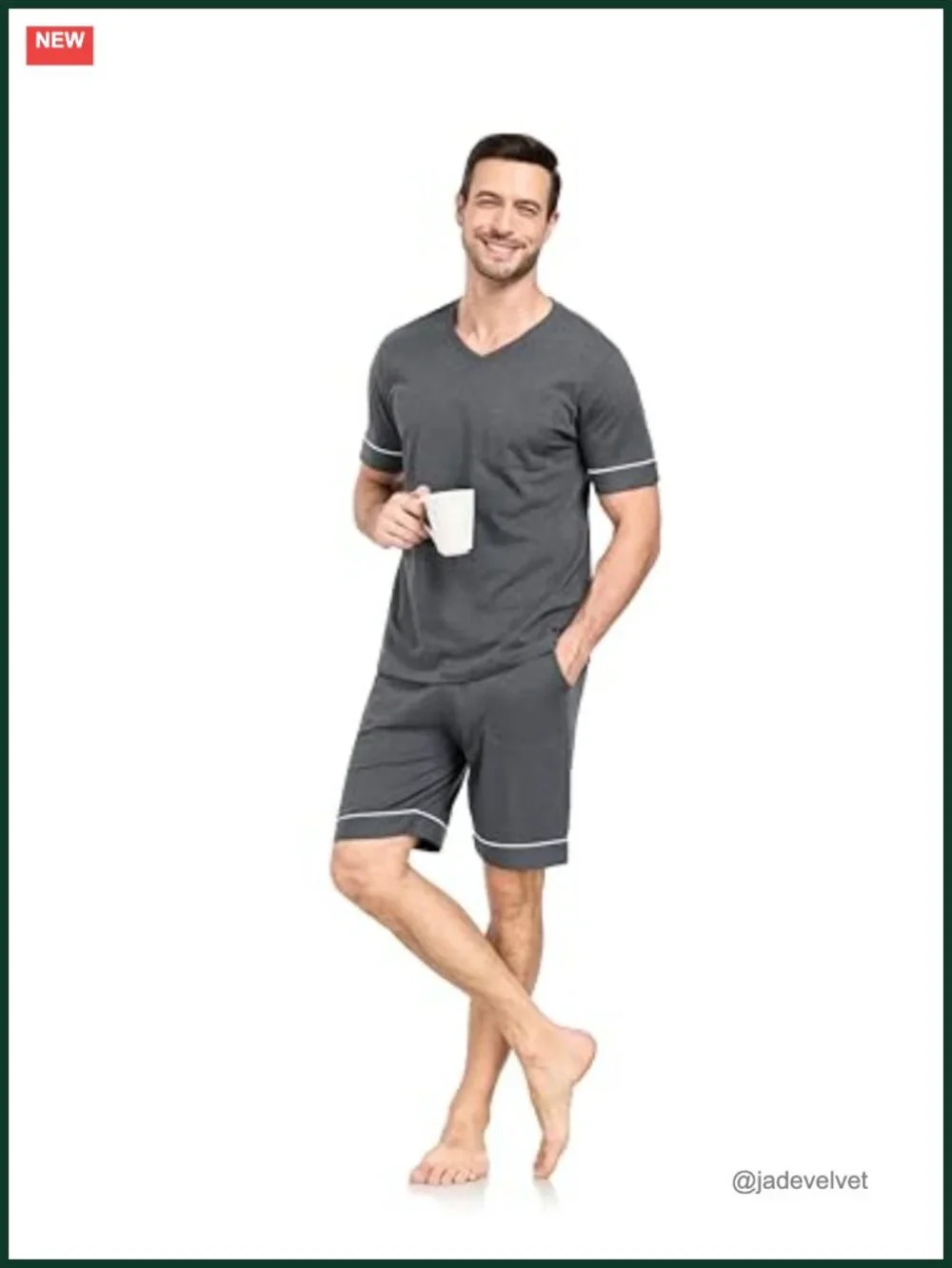 100% Cotton Men's Pajama Set Short Sleeve V-Neck Sleepwear Shorts with Pockets